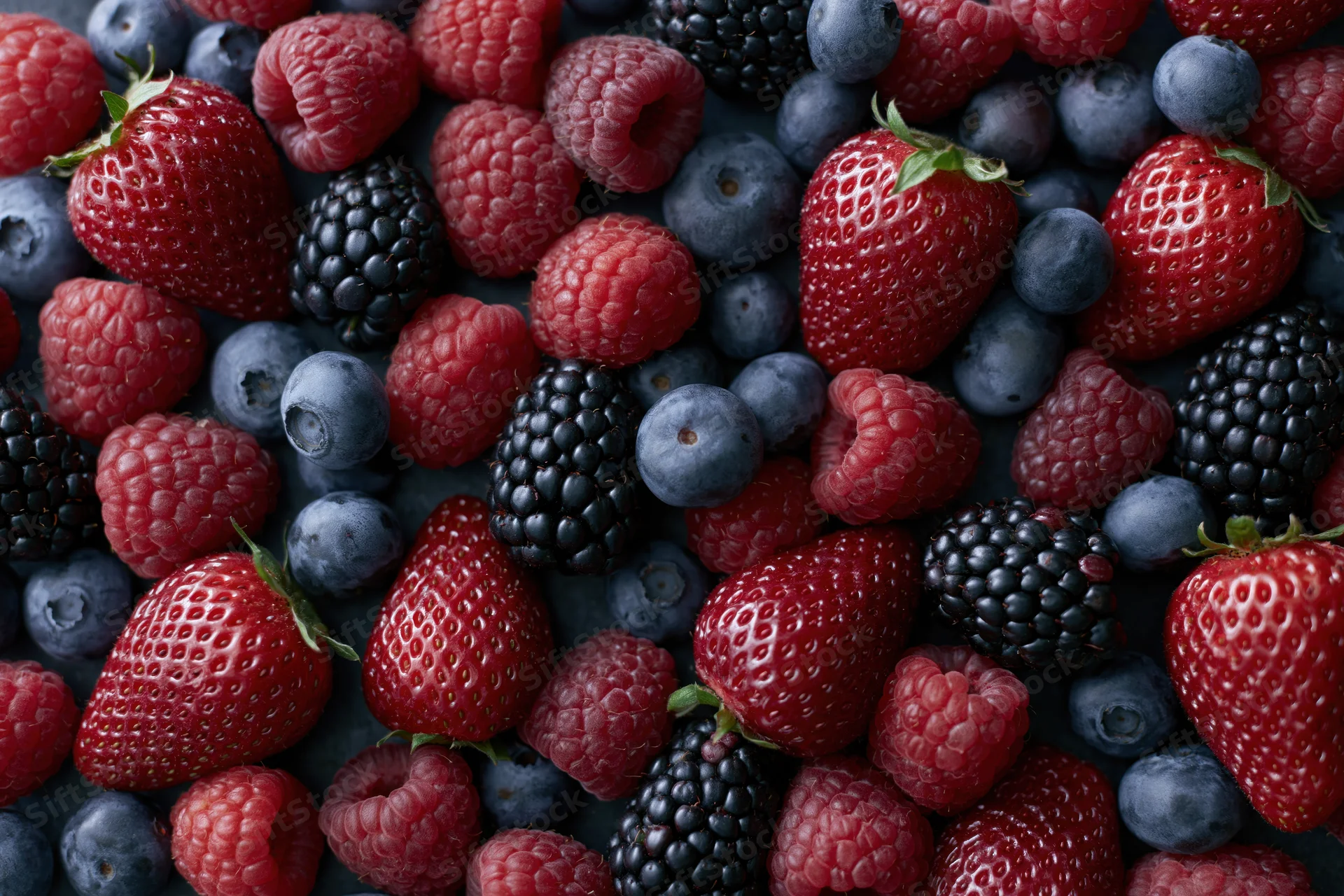 Overhead flat lay of mixed fresh berries including strawberries raspberries blueberries and blackberries on dark surface