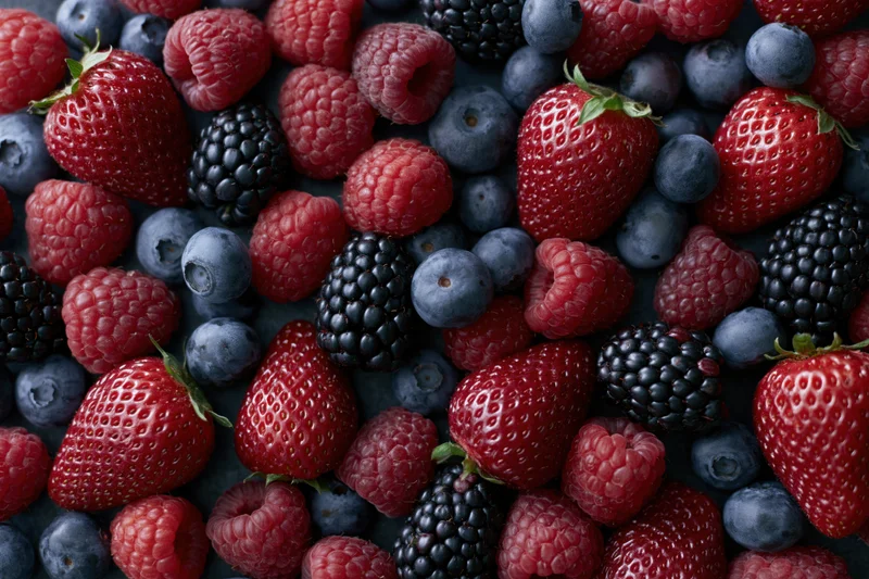 Overhead flat lay of mixed fresh berries including strawberries raspberries blueberries and blackberries on dark surface