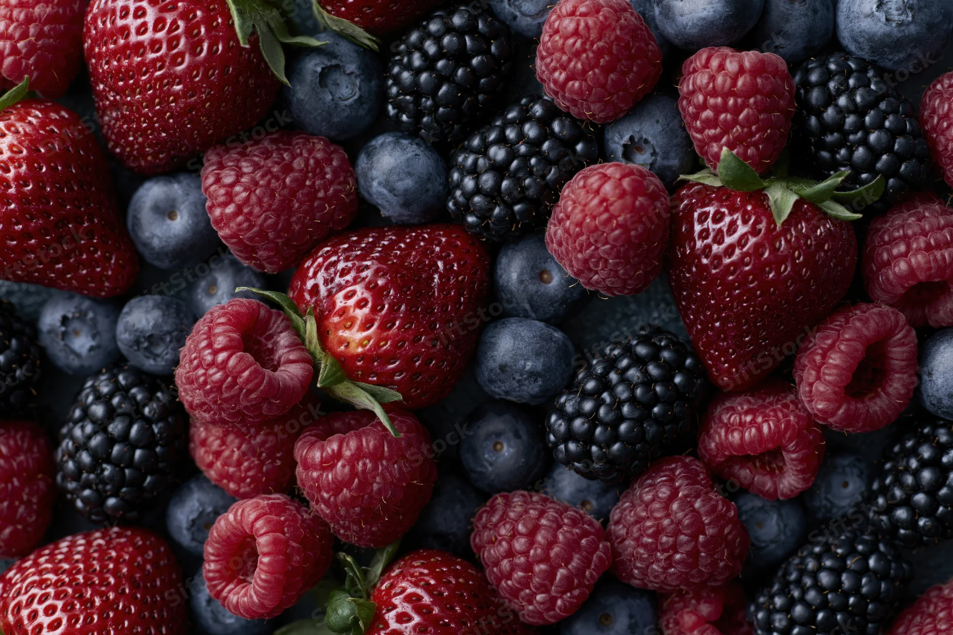 Overhead closeup of mixed fresh berries including strawberries raspberries blueberries and blackberries arranged in a flat lay