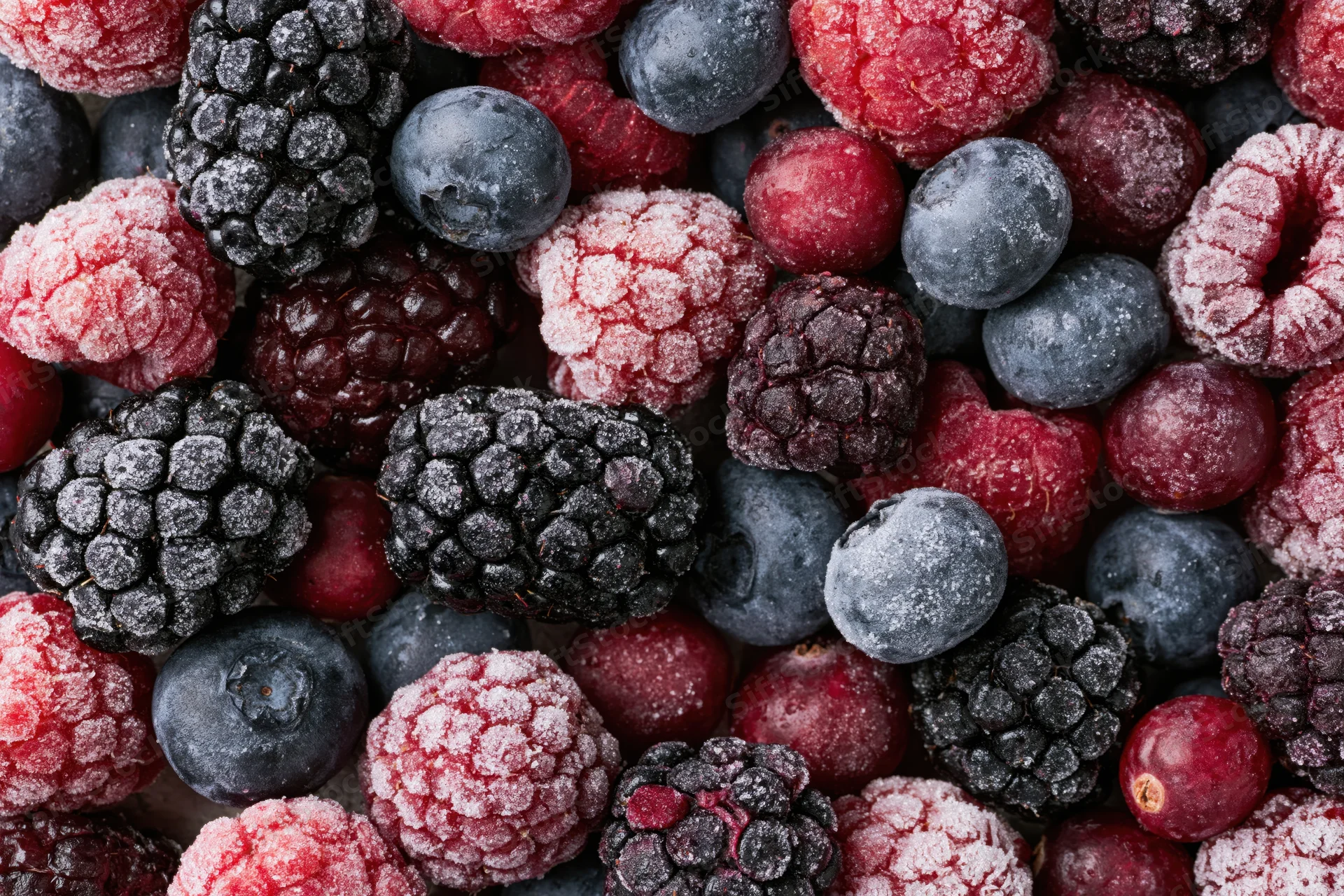 Overhead flat lay of mixed frozen berries including blackberries, blueberries, raspberries and cranberries