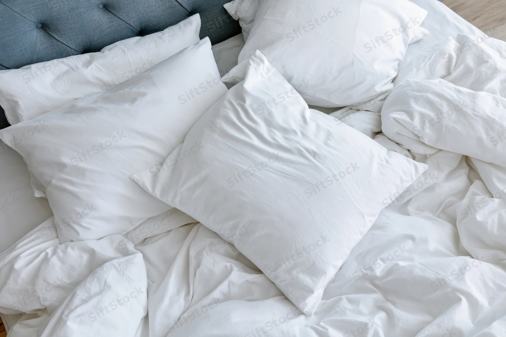 Unmade bed with white cotton pillows and crumpled sheets, tufted headboard in bedroom