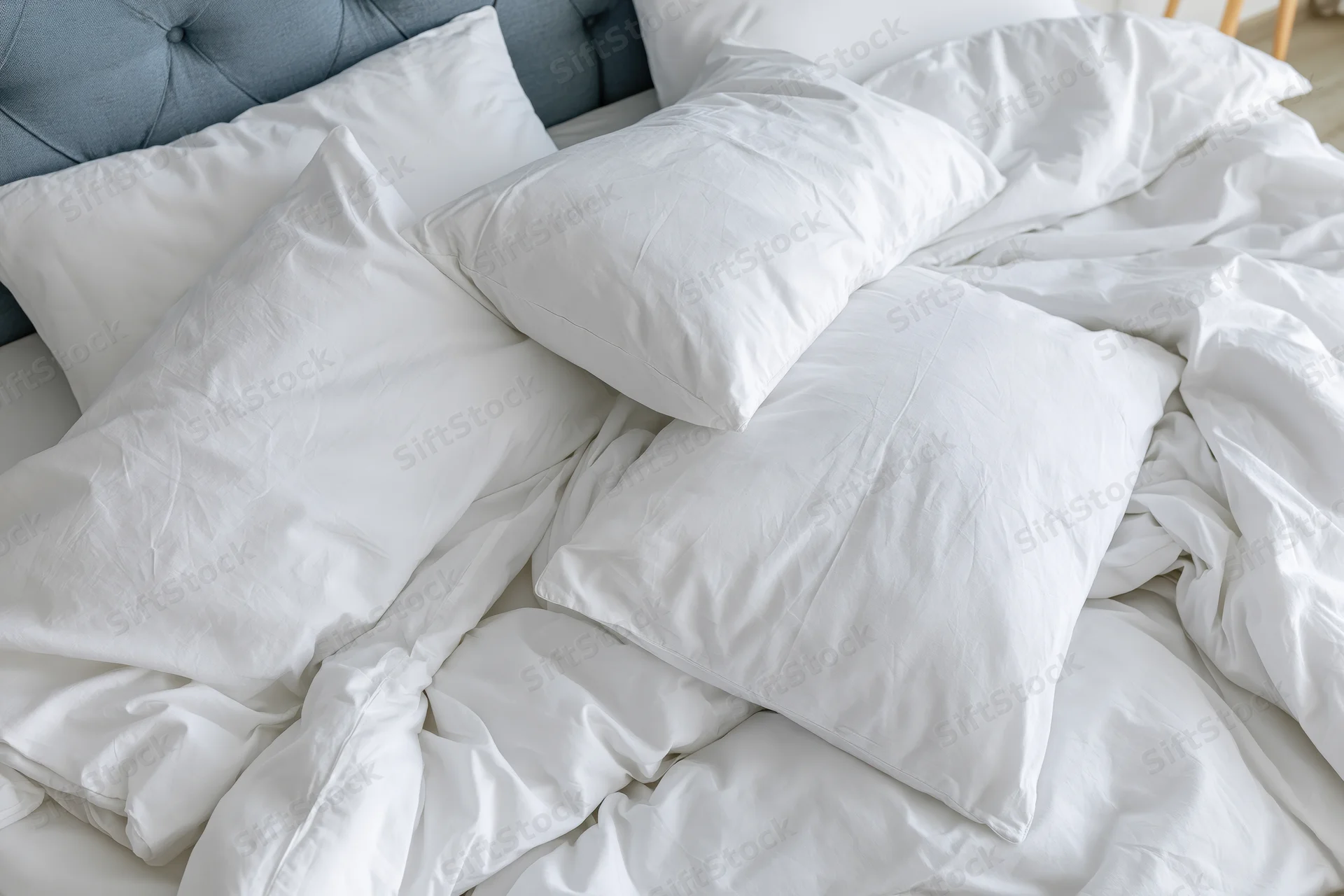 Unmade bed with white cotton pillows and crumpled bedding in a bedroom