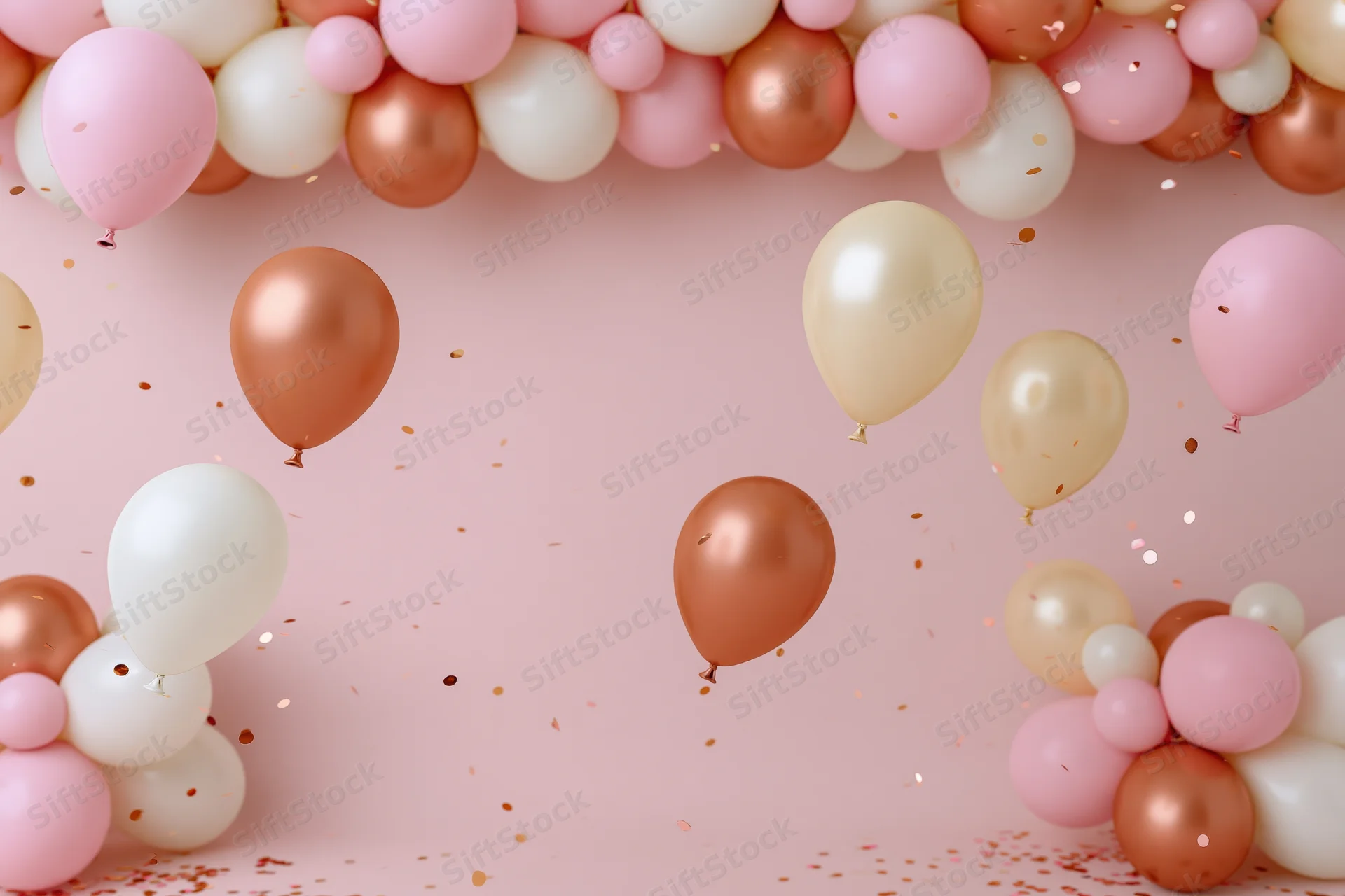Clusters of pink, white and rose gold balloons arranged as an arch with floating confetti on a soft pink background