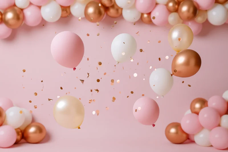 Pink white and rose gold balloons floating in clusters with confetti against a pastel backdrop
