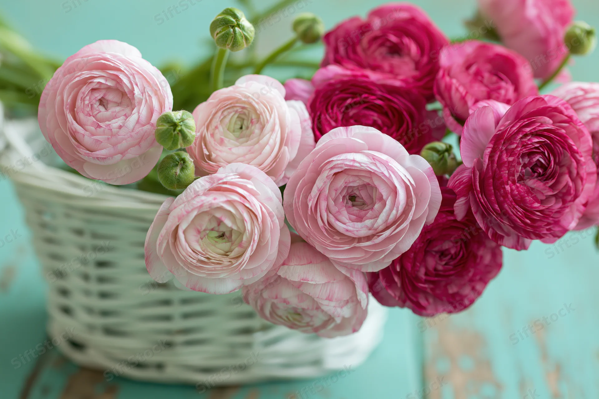 Pink and deep rose ranunculus blooms with green buds arranged in a white wicker basket on a teal surface