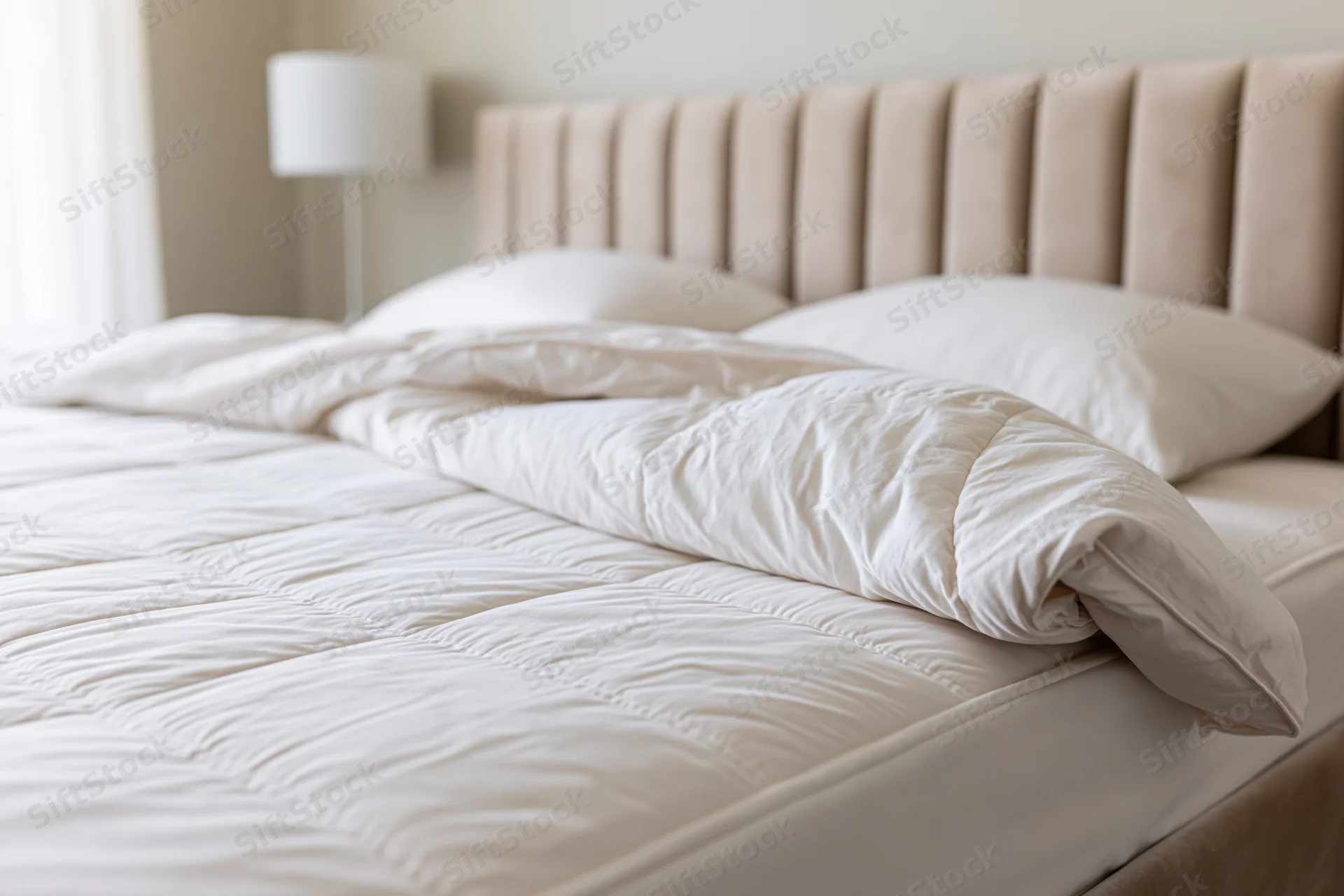 Queen bed with white quilted comforter and two pillows in a neutral bedroom