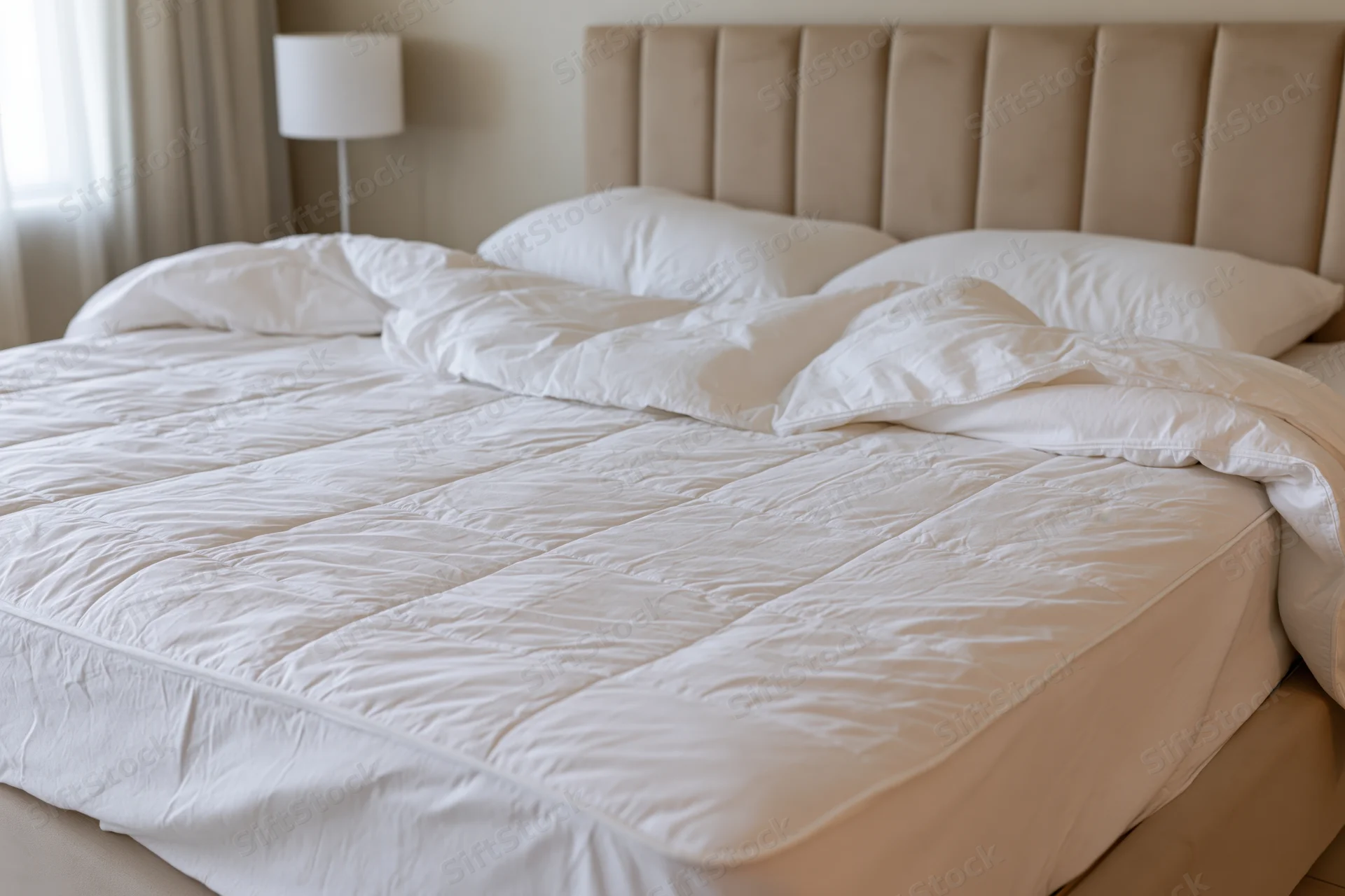 Unmade queen bed with white quilted comforter and two pillows in a neutral bedroom