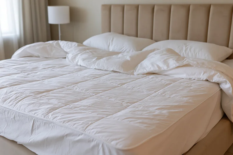 Unmade queen bed with white quilted comforter and two pillows in a neutral bedroom