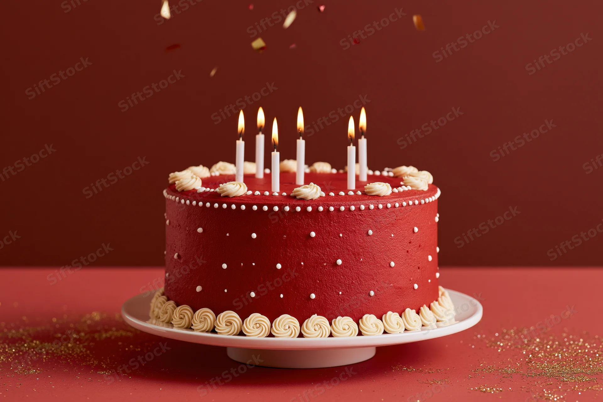 Red birthday cake with lit candles and falling confetti on a white stand