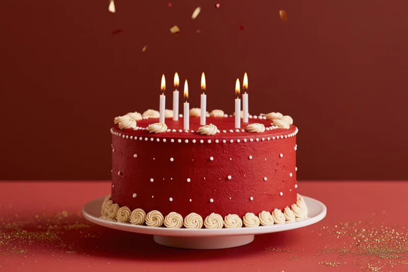 Red birthday cake with lit candles and falling confetti on a white stand