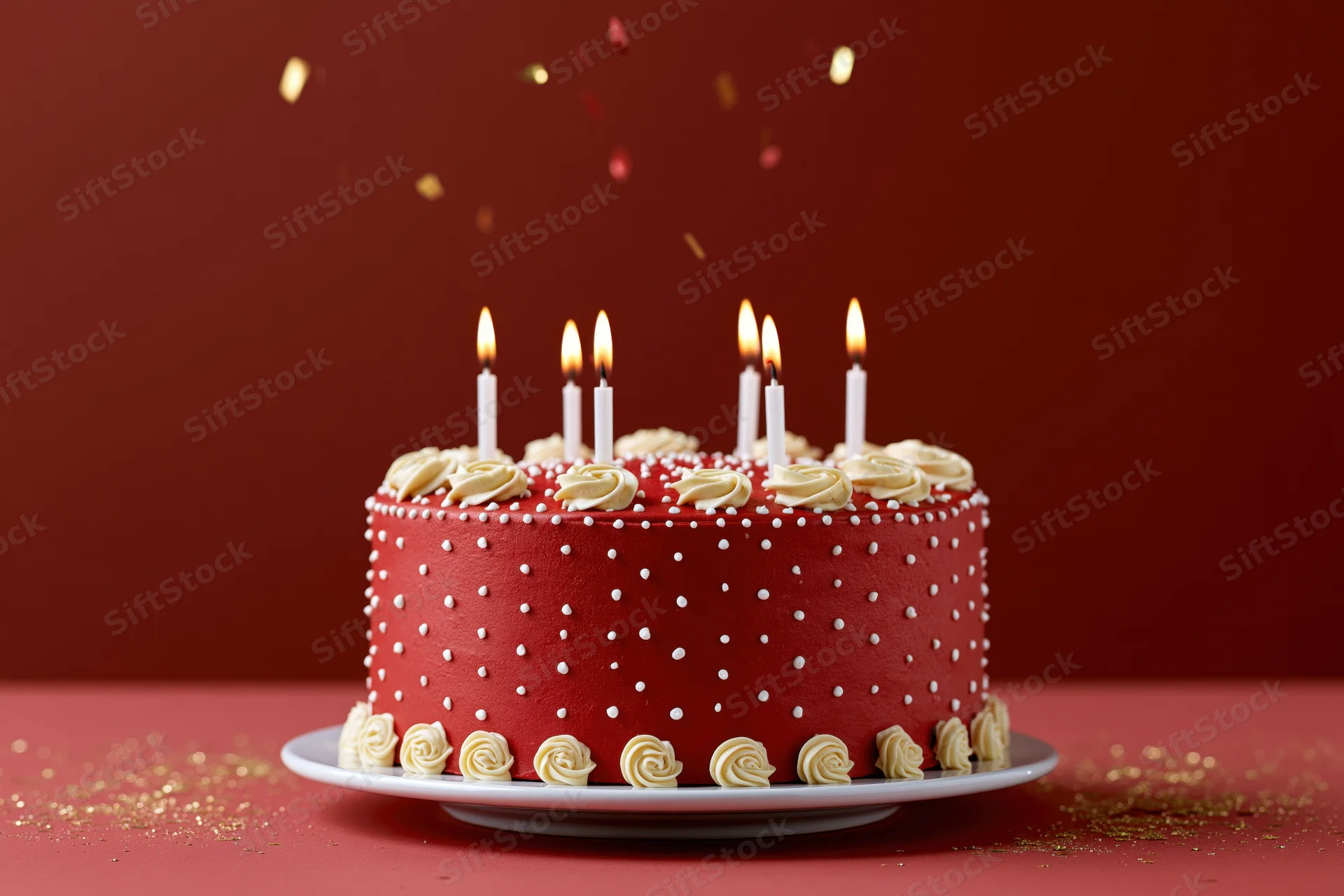 Red birthday cake with lit candles and confetti on a white stand against a red background