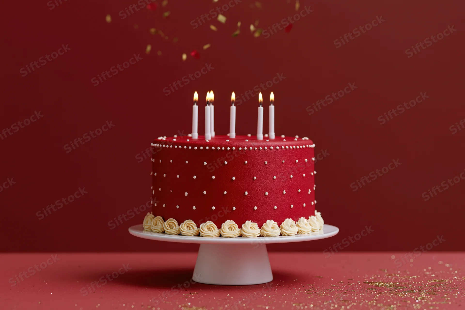Red birthday cake with five lit candles on white stand, confetti falling around it
