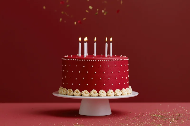 Red birthday cake with five lit candles on white stand, confetti falling around it
