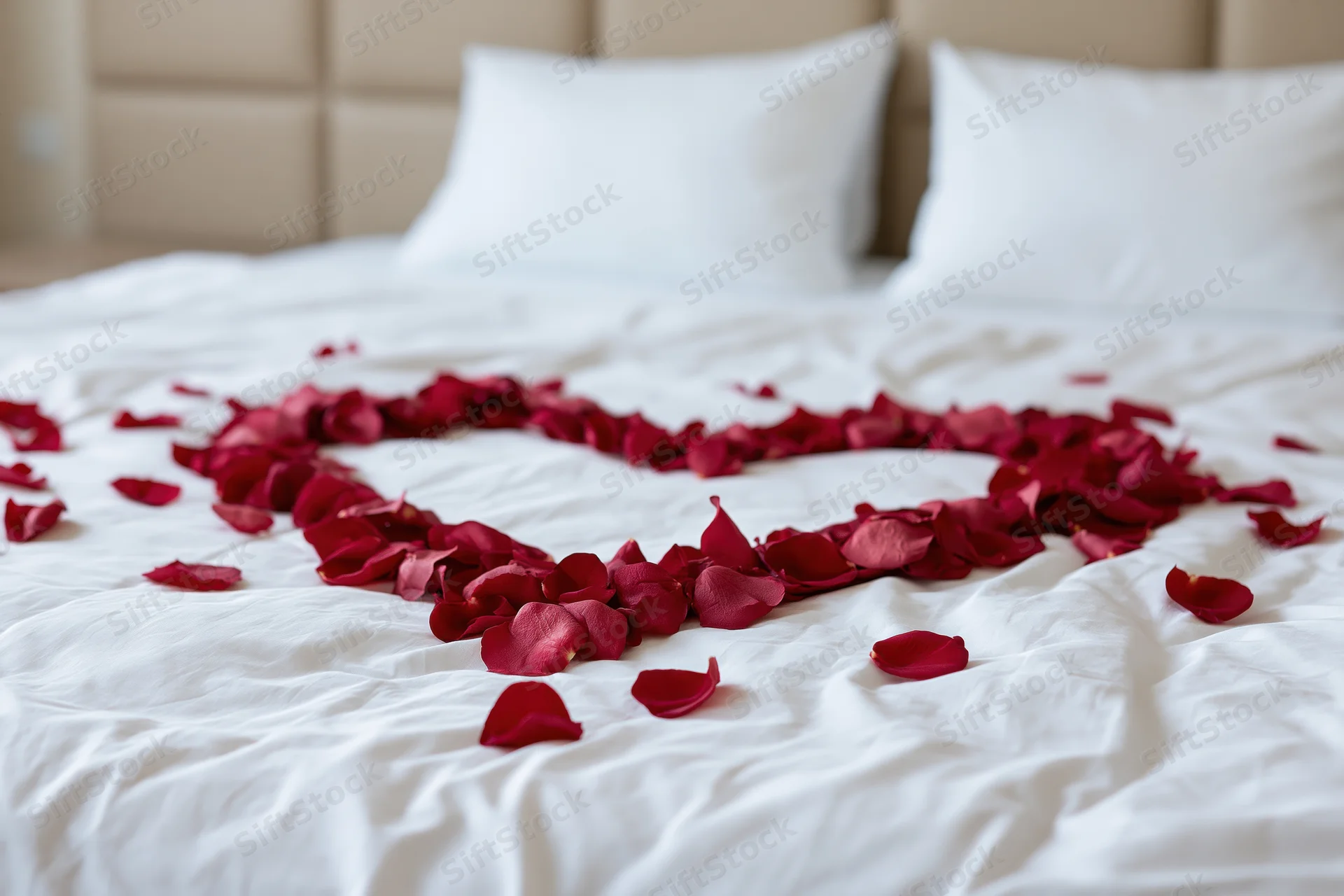 Red rose petals arranged in heart shape on white bed sheets in bedroom