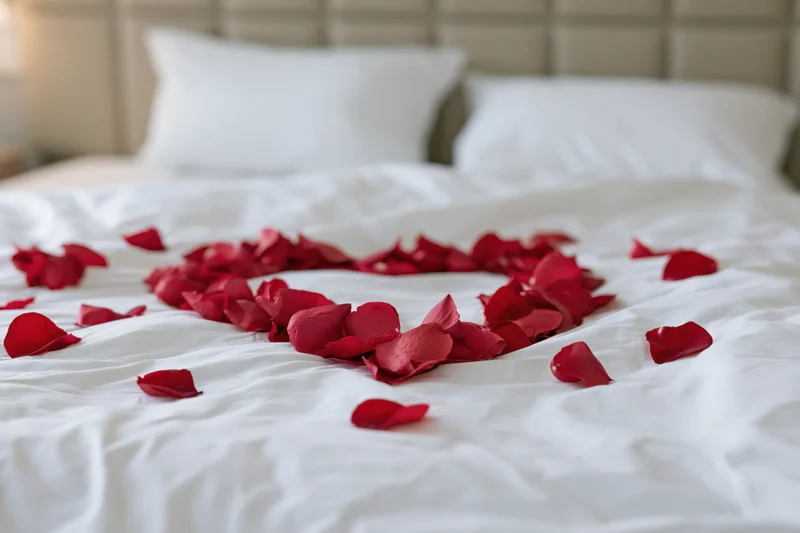 Red rose petals arranged in heart shape on white bed sheets in bedroom
