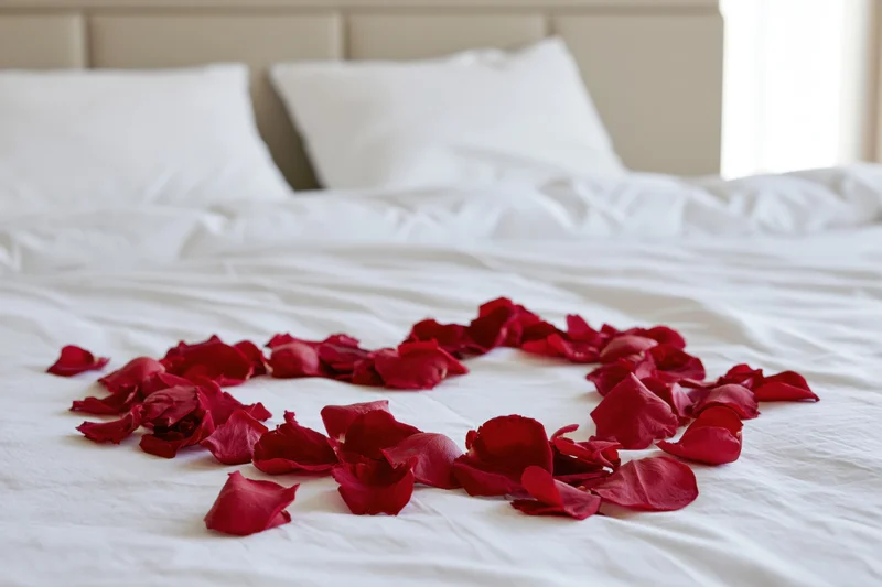 Red rose petals arranged in heart shape on white bed in bedroom