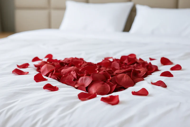 Red rose petals arranged in heart shape on white bed in bedroom