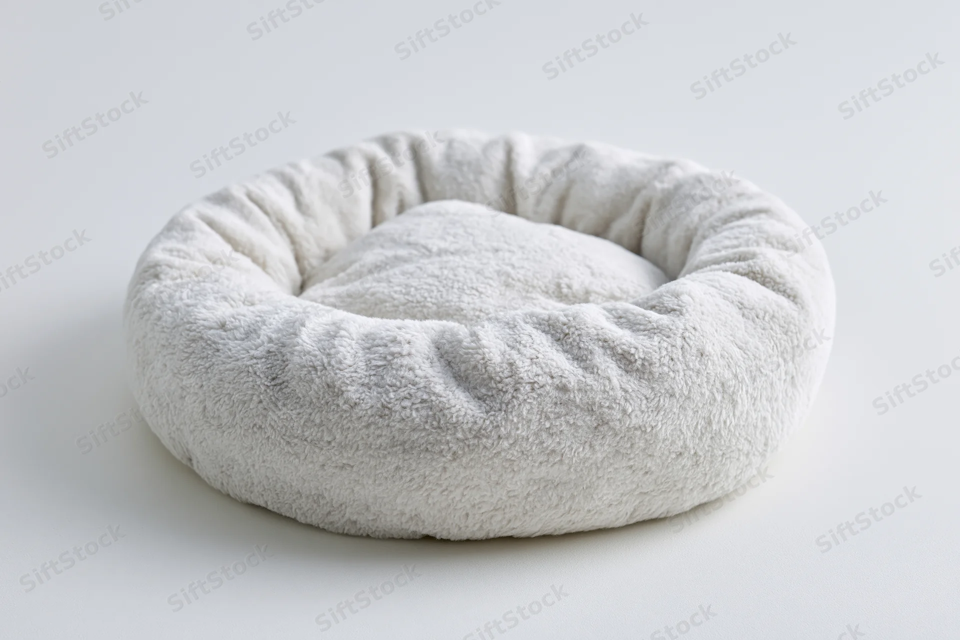 Round plush pet bed on plain white surface