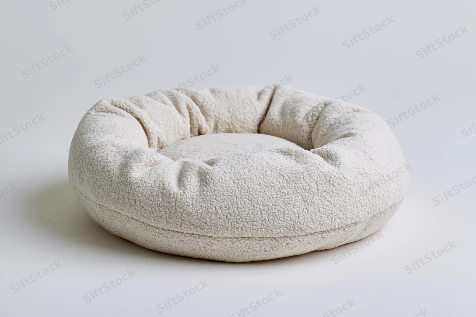 Round plush pet bed on plain white surface