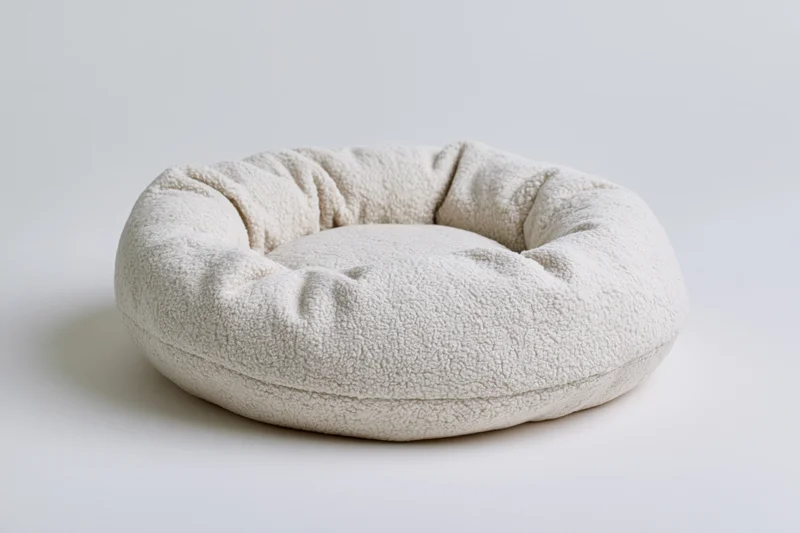 Round plush pet bed on plain white surface