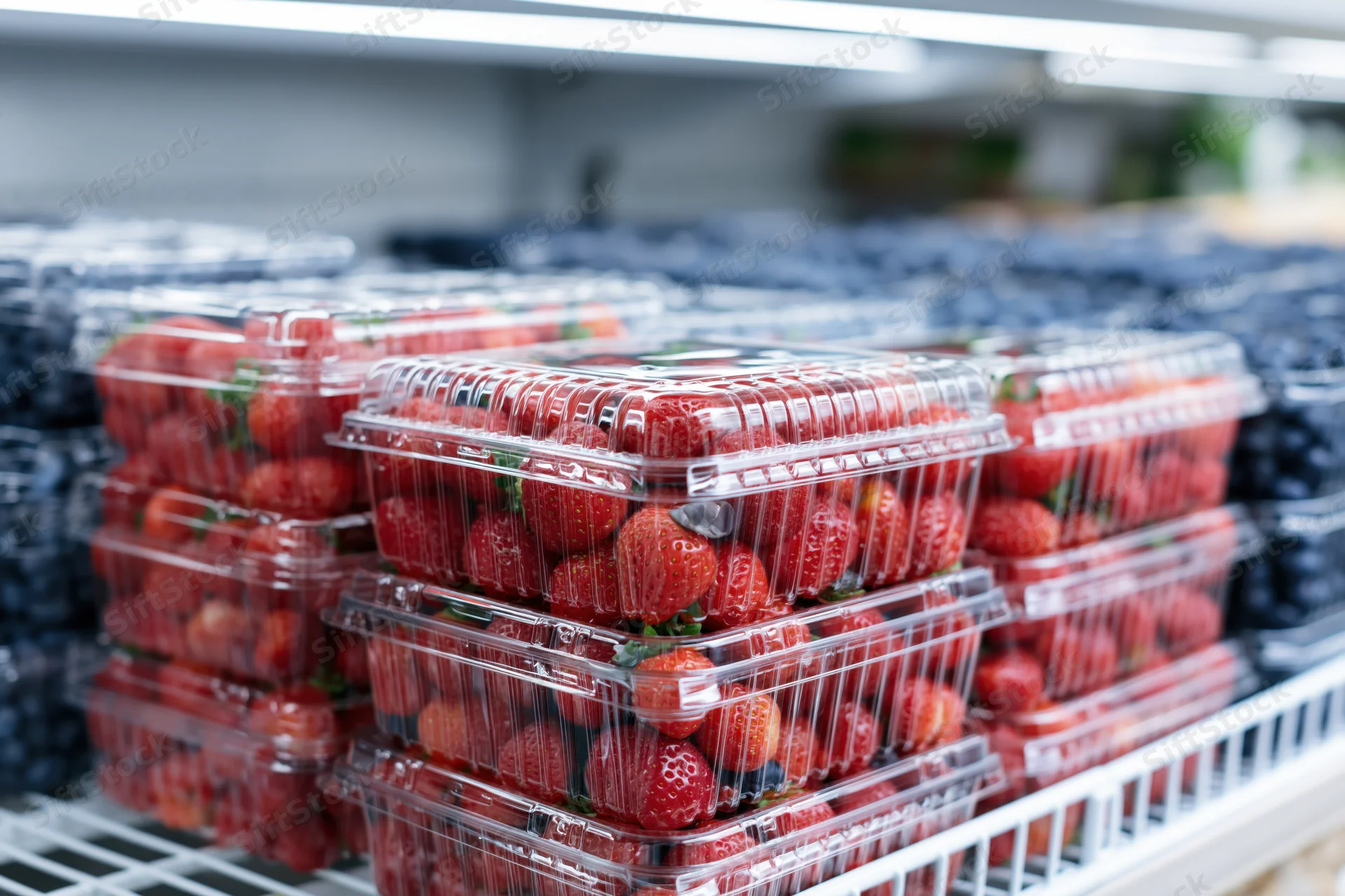 Stacks of clear plastic clamshell containers filled with fresh strawberries and blueberries on a refrigerated supermarket shelf