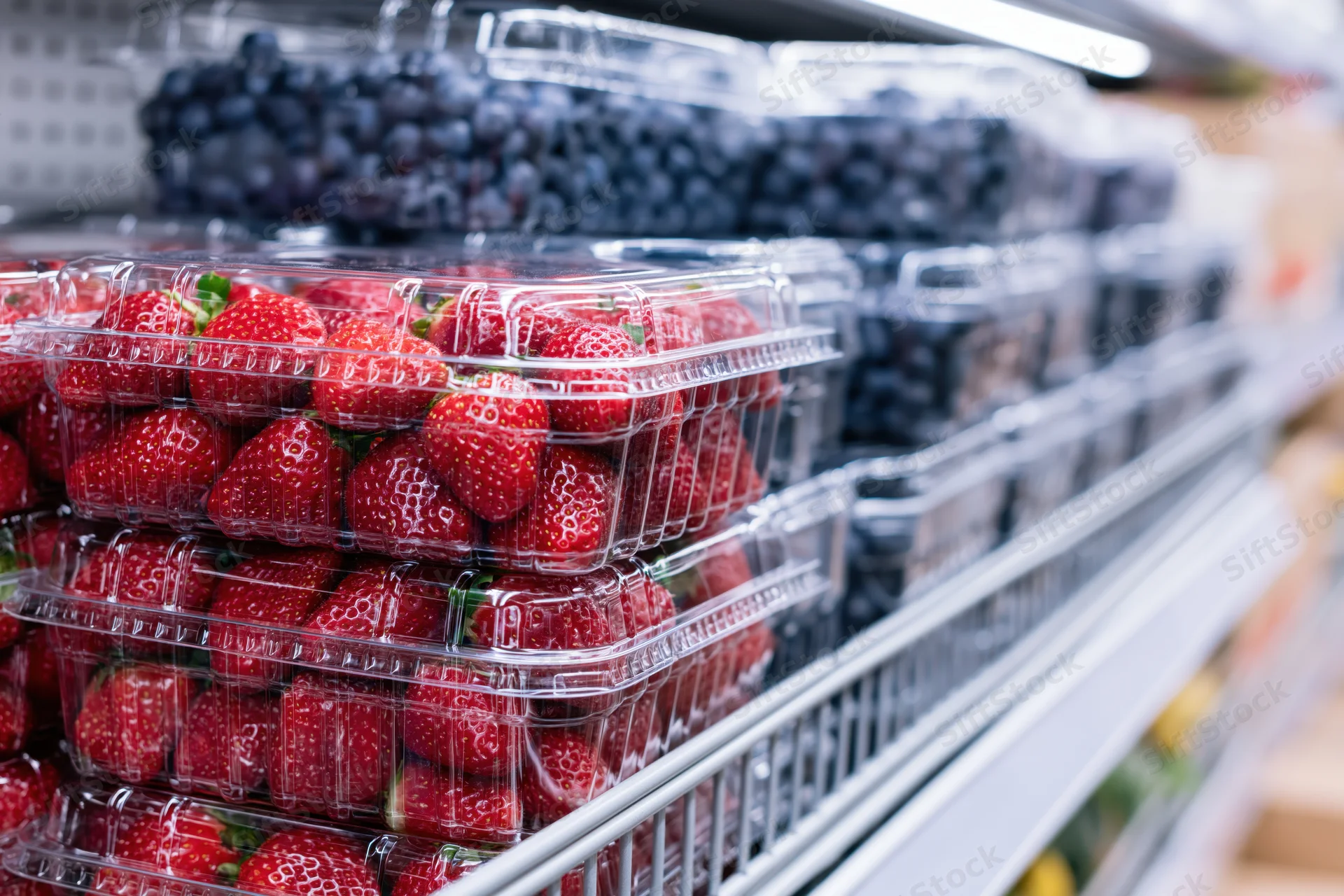 Rows of clear plastic clamshell containers filled with fresh strawberries and blueberries on a refrigerated supermarket shelf