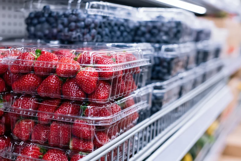 Rows of clear plastic clamshell containers filled with fresh strawberries and blueberries on a refrigerated supermarket shelf