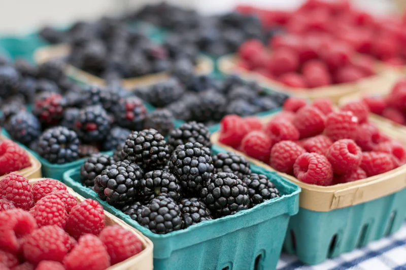 Rows of fresh blackberries and raspberries in teal baskets on a checkered cloth