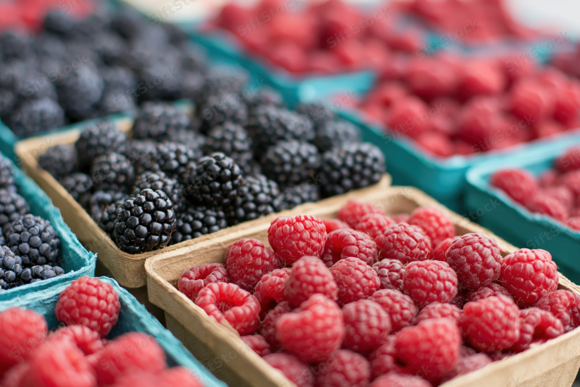 Rows of fresh blackberries and raspberries in small wooden cartons at a market