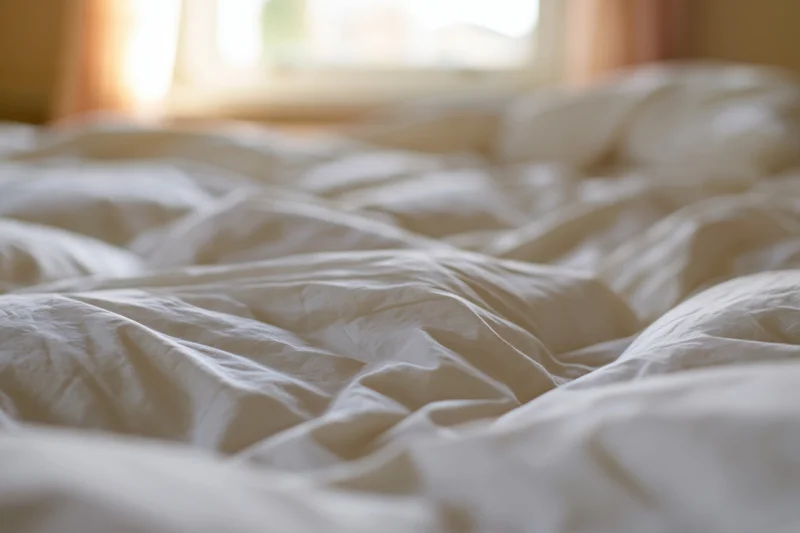 Rumpled white cotton duvet on unmade bed in bedroom with sunlight through window