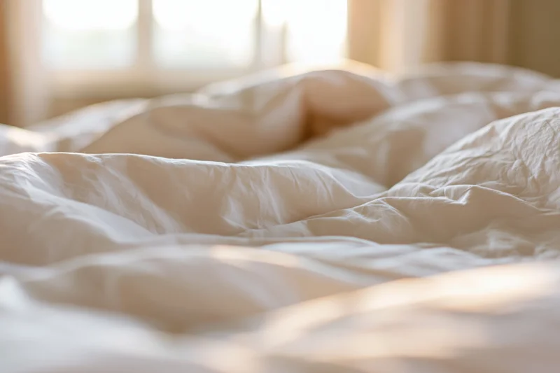 Rumpled white cotton duvet on unmade bed in bedroom with sunlight through window