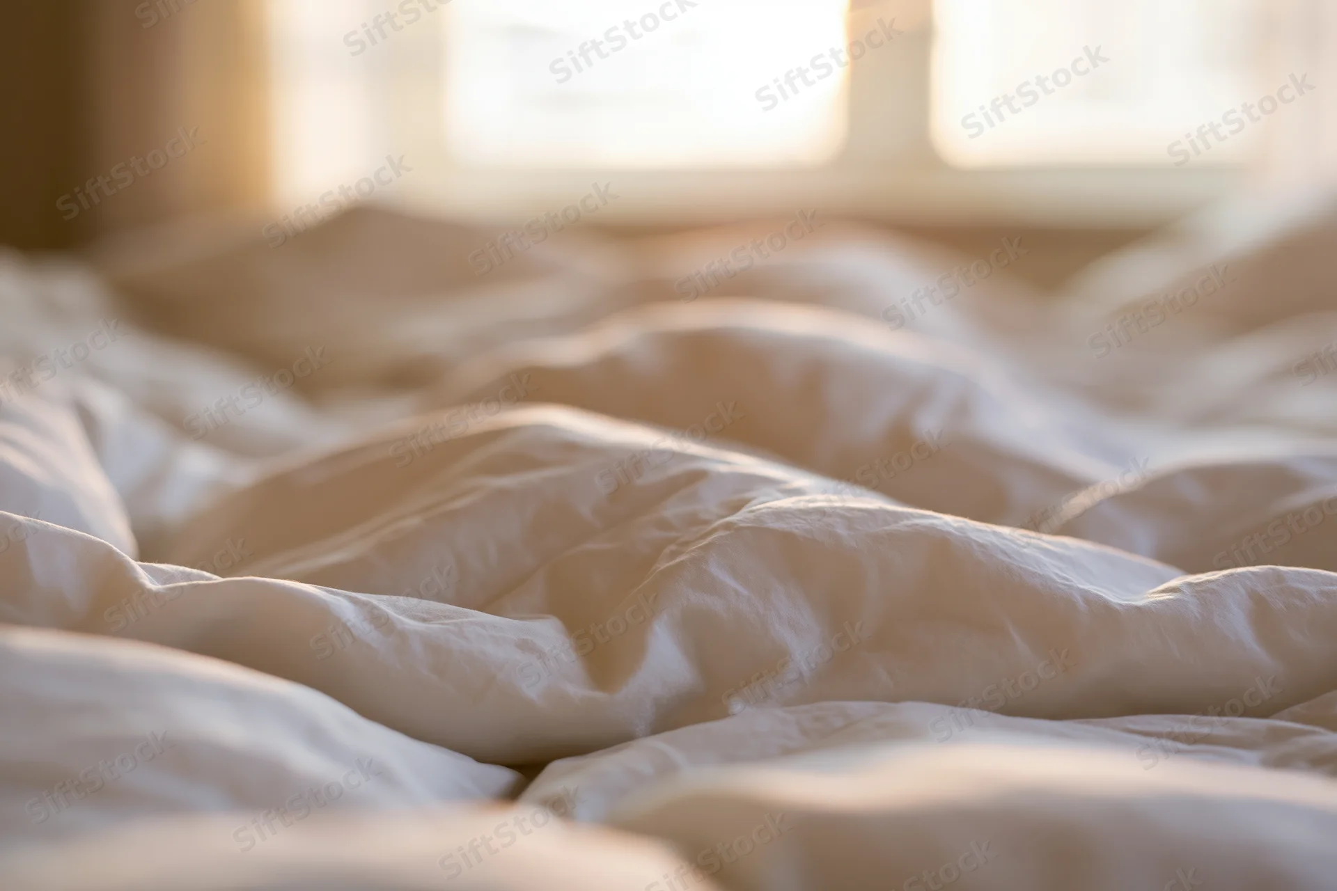 Rumpled white cotton duvet on unmade bed in morning light near window