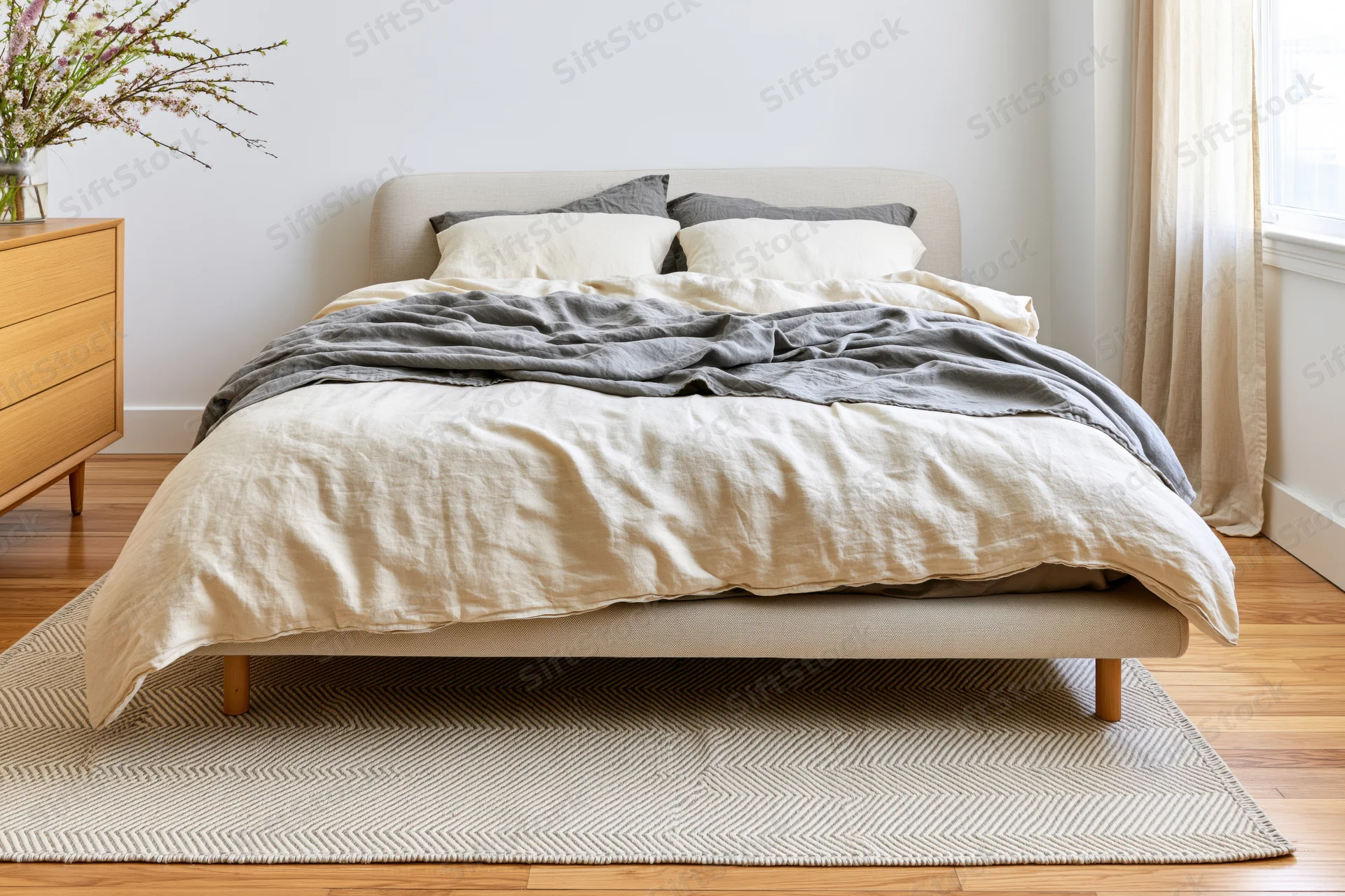 Beige upholstered bed with linen bedding and herringbone rug in a scandinavian bedroom