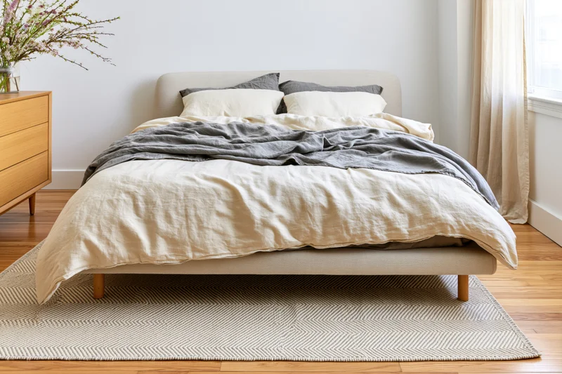 Beige upholstered bed with linen bedding and herringbone rug in a scandinavian bedroom