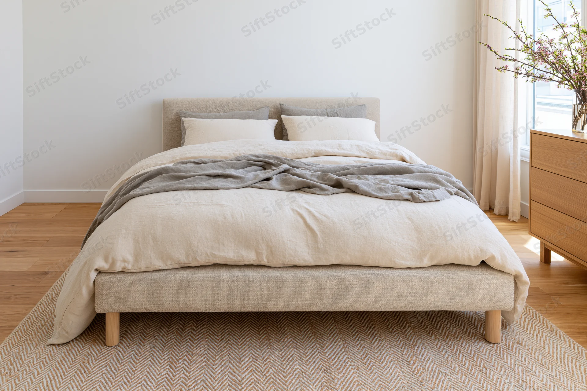 Beige upholstered bed with white linens and gray throw on patterned rug in minimalist bedroom with wooden flooring and window sideboard