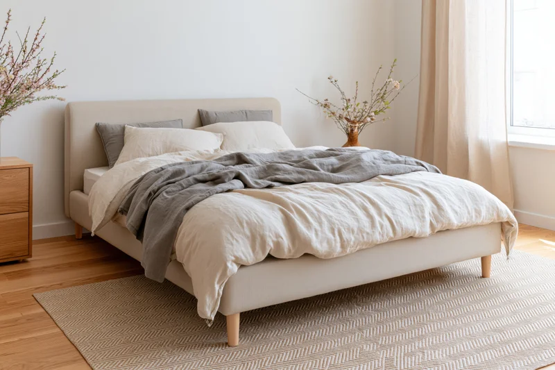 Beige upholstered bed with linen bedding and wooden nightstand in a Scandinavian-style bedroom