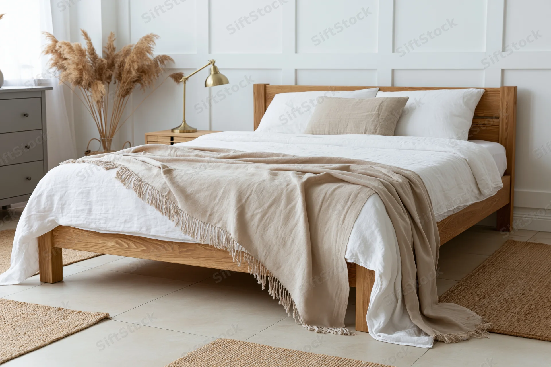 Wooden bed with white and beige linens in a bright scandinavian-style bedroom