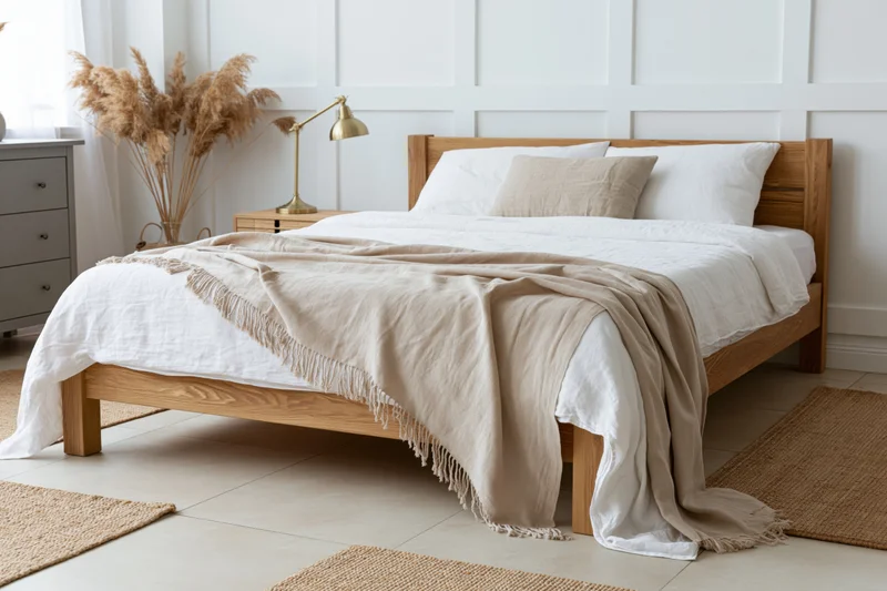Wooden bed with white and beige linens in a bright scandinavian-style bedroom