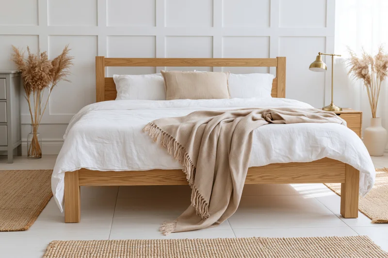 Wooden bed with white linen and beige blanket in a minimalist Scandinavian bedroom with pampas grass decor and jute rugs