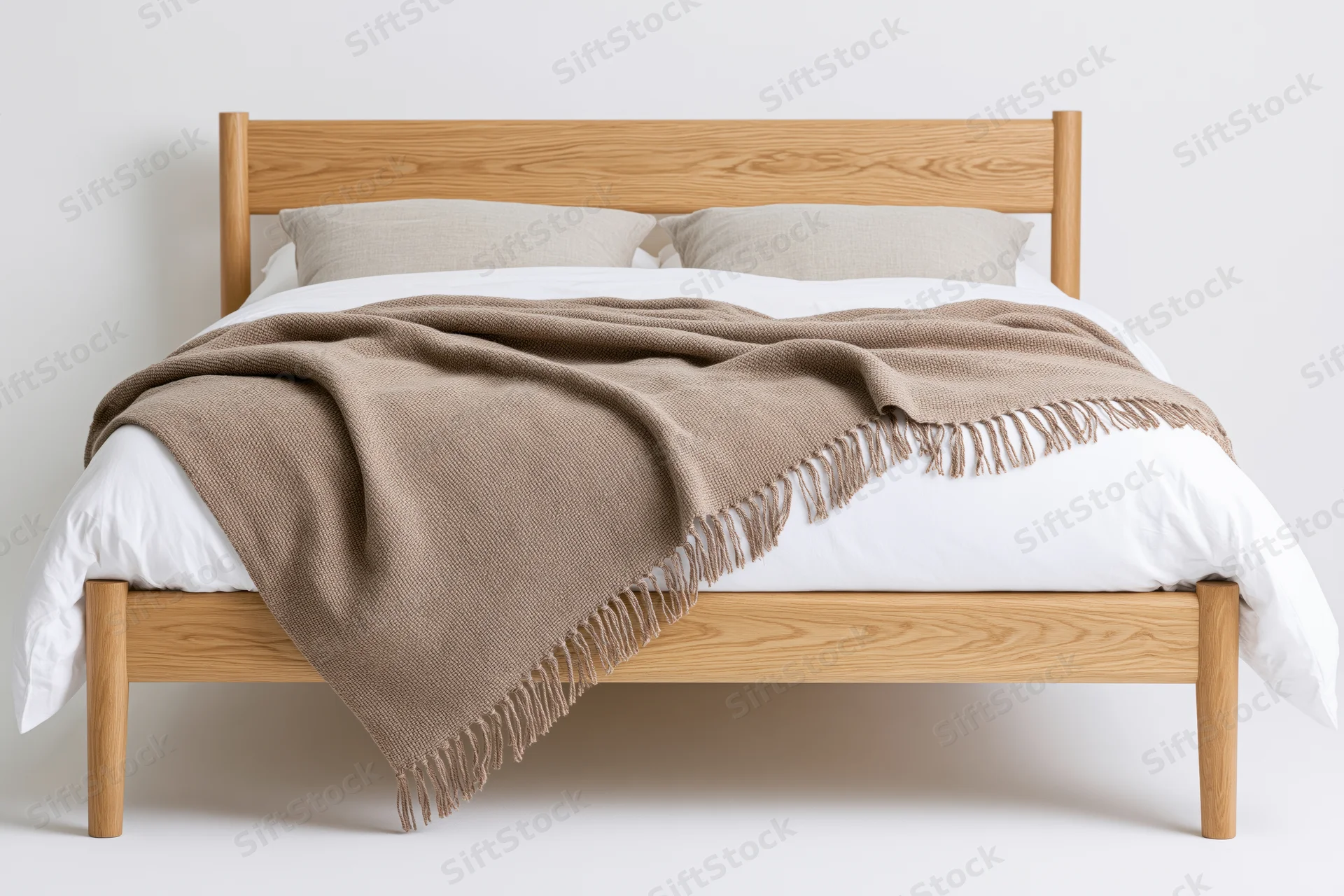 Wooden bed with white bedding and beige throw blanket in a minimalist bedroom setting