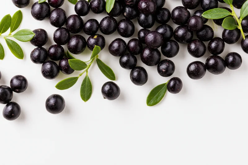 Acai berries and green leaves scattered on white surface
