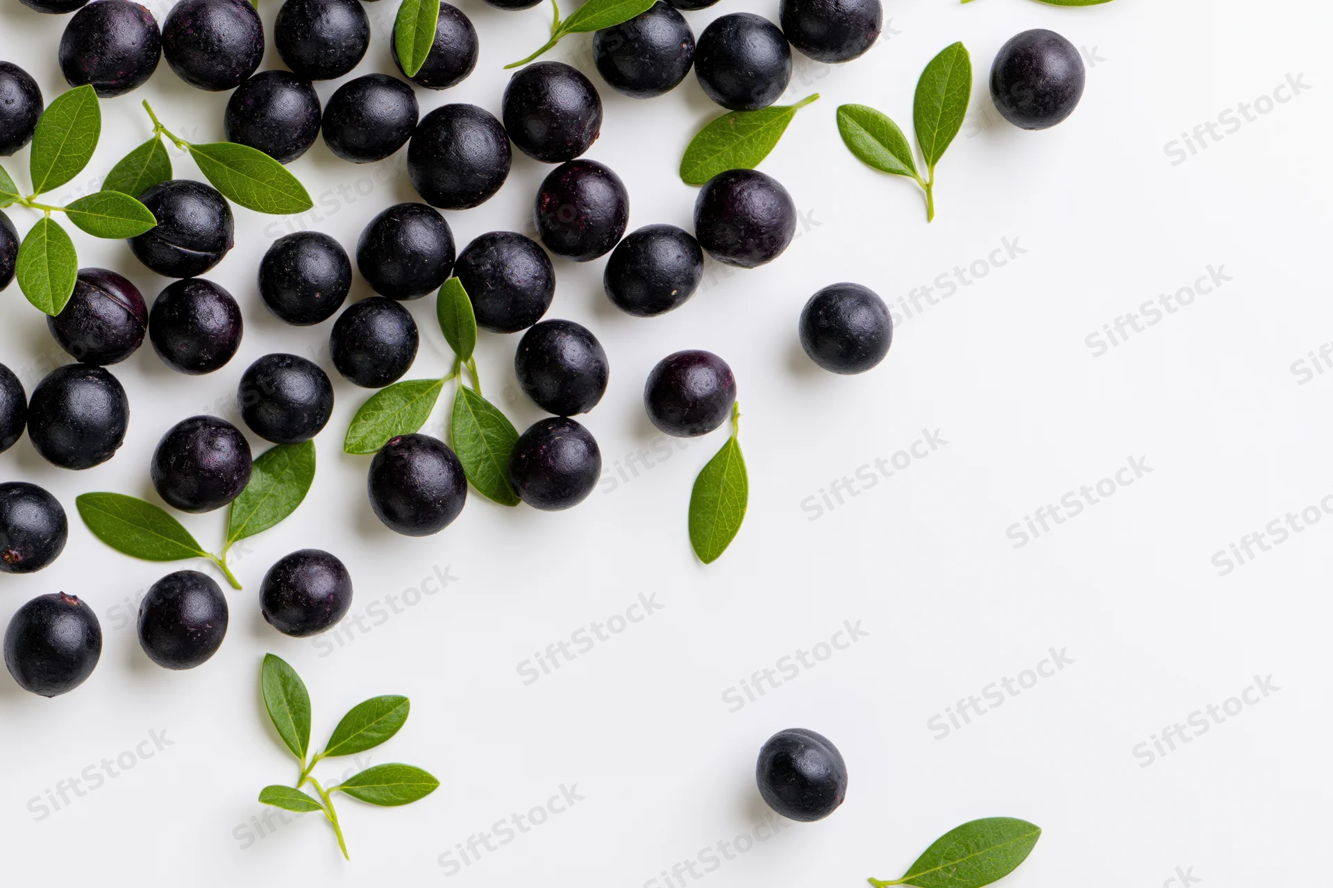 Acai berries and green leaves scattered on white surface