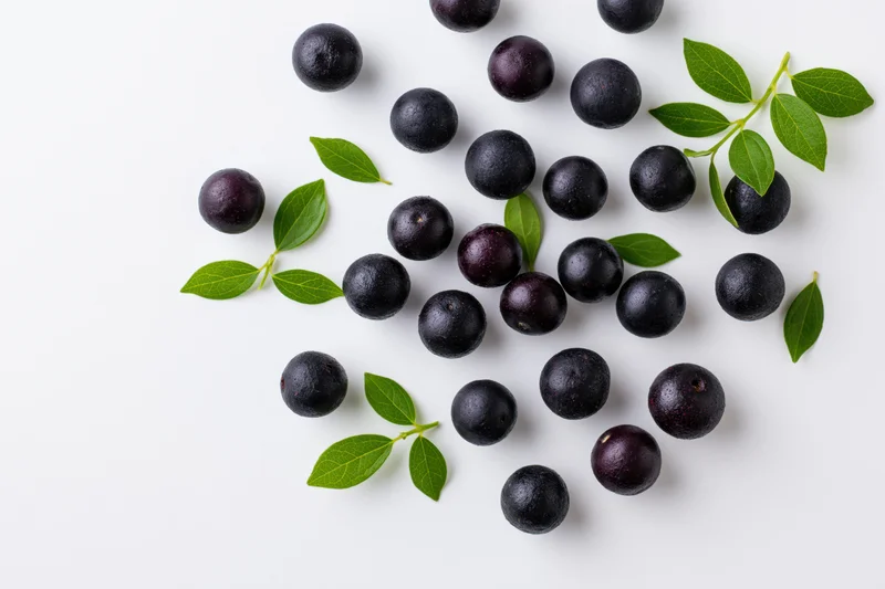 Scattered acai berries and green leaves on white surface