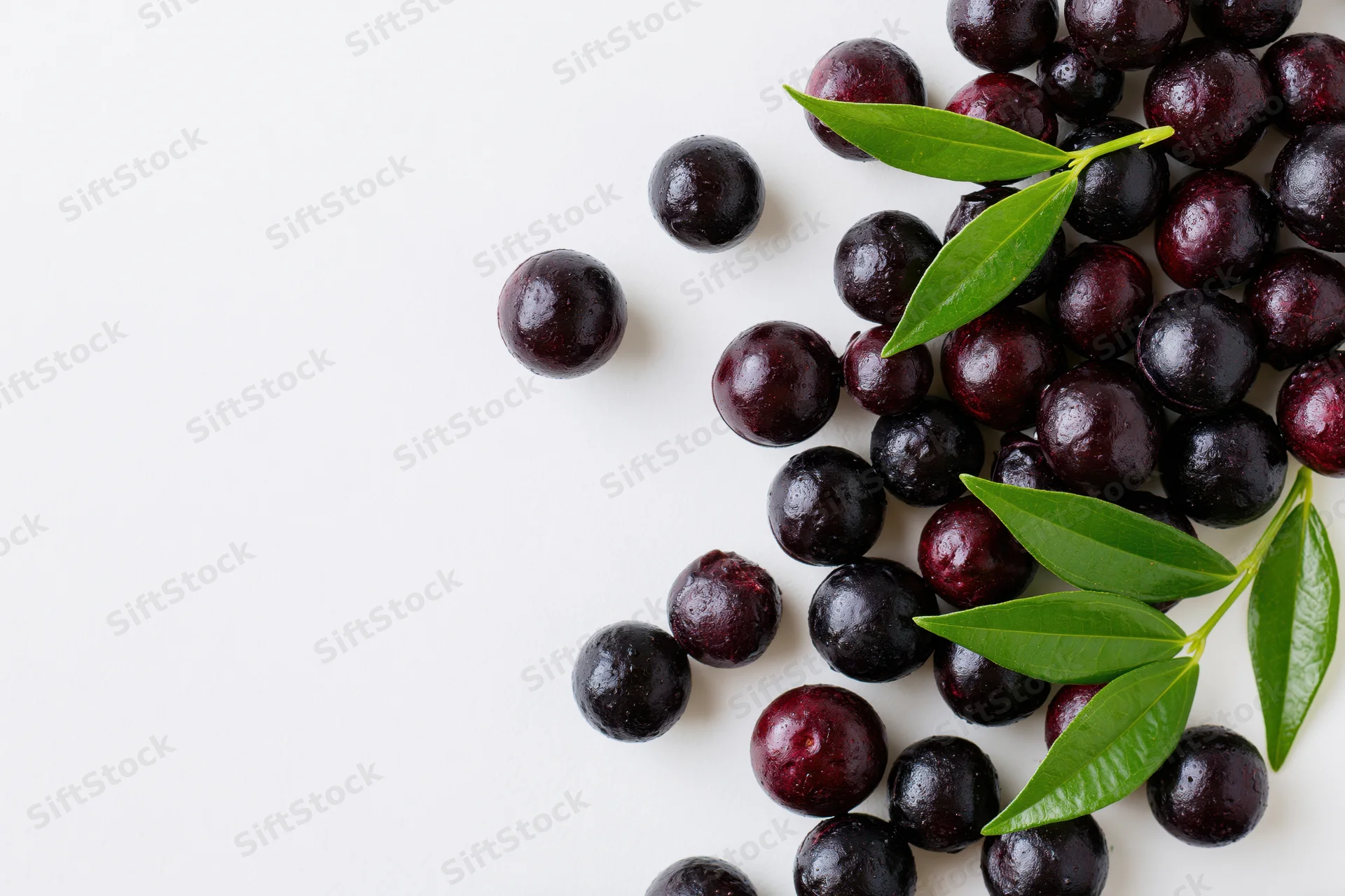 Scattered acai berries with green leaves on white background