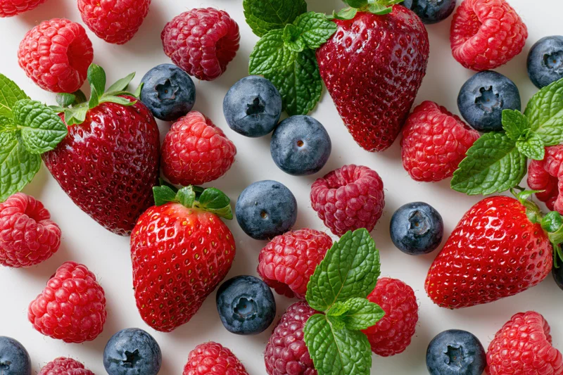 Scattered fresh strawberries raspberries and blueberries with mint leaves on white surface