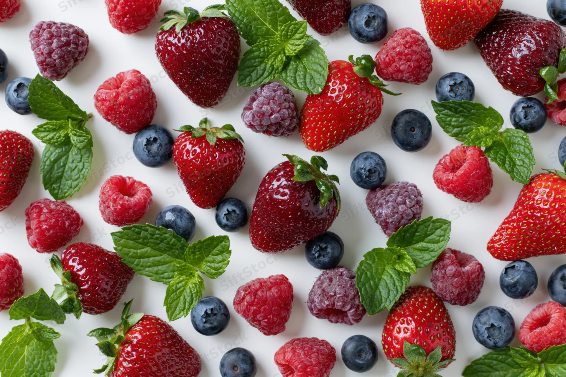 Scattered strawberries raspberries and blueberries with mint leaves on white surface