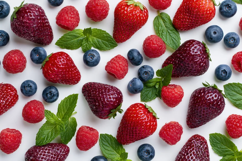 Scattered strawberries raspberries and blueberries with mint leaves on white surface