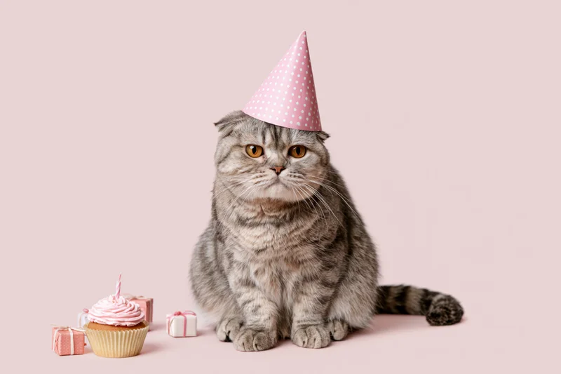 Scottishfold cat wearing pink polka-dot party hat sitting beside cupcake and gifts on pastel background