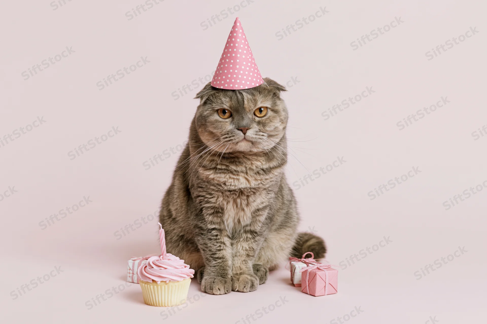 Scottishfold cat wearing pink polka-dot party hat sitting beside cupcake and gifts on pastel background