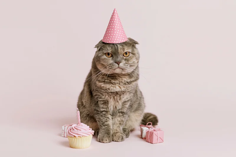 Scottishfold cat wearing pink polka-dot party hat sitting beside cupcake and gifts on pastel background